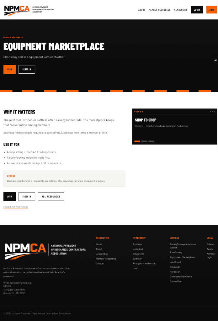 Equipment Marketplace screen