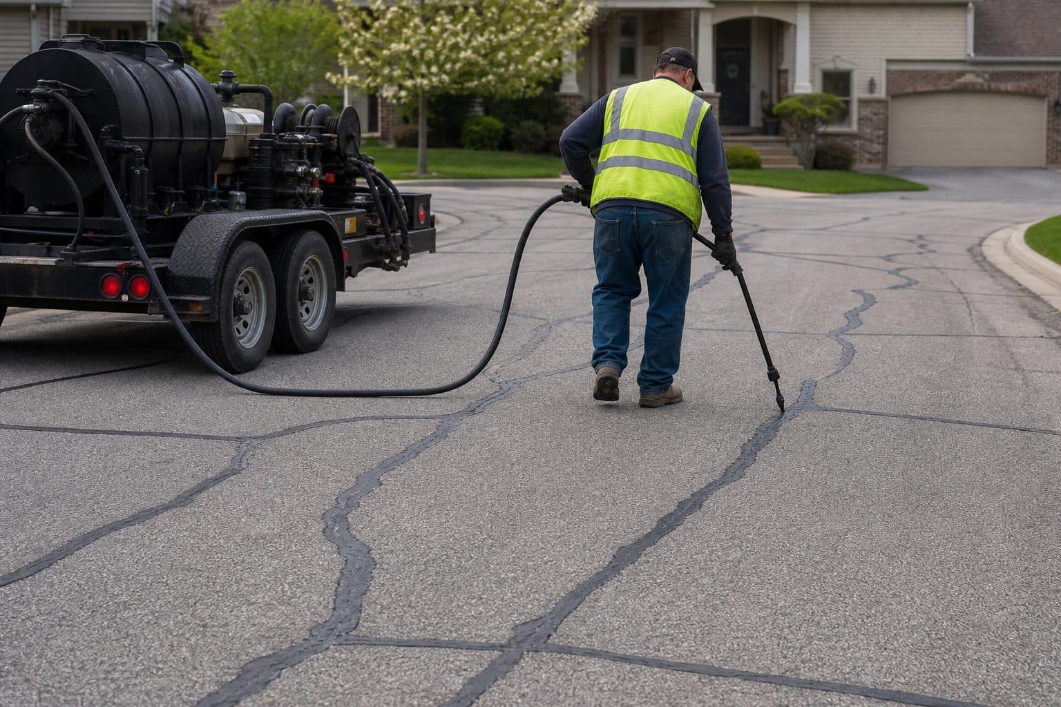 Crew working crack fill, the kind of task a how-to covers