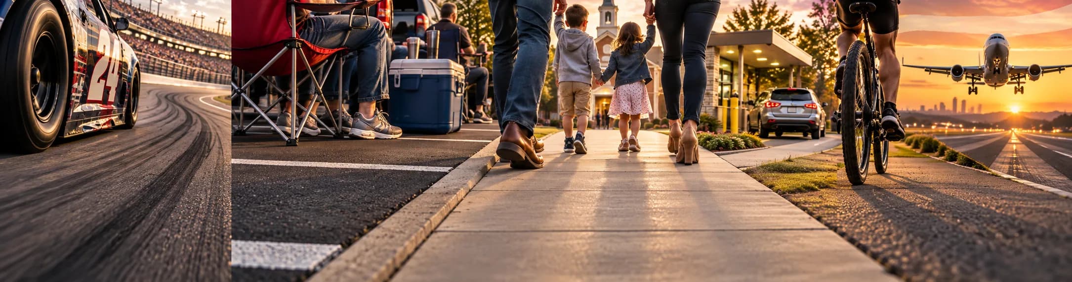 Pavement in American life: a racetrack, a tailgate parking lot, a family on a concrete sidewalk, a commercial lot, and an airport runway at sunset