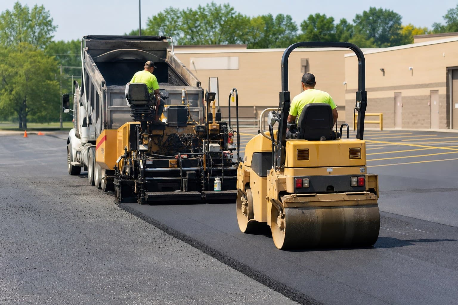 Paver and roller laying asphalt on a lot
