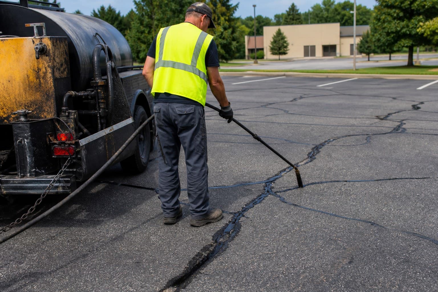 Crackfill wand on a parking lot