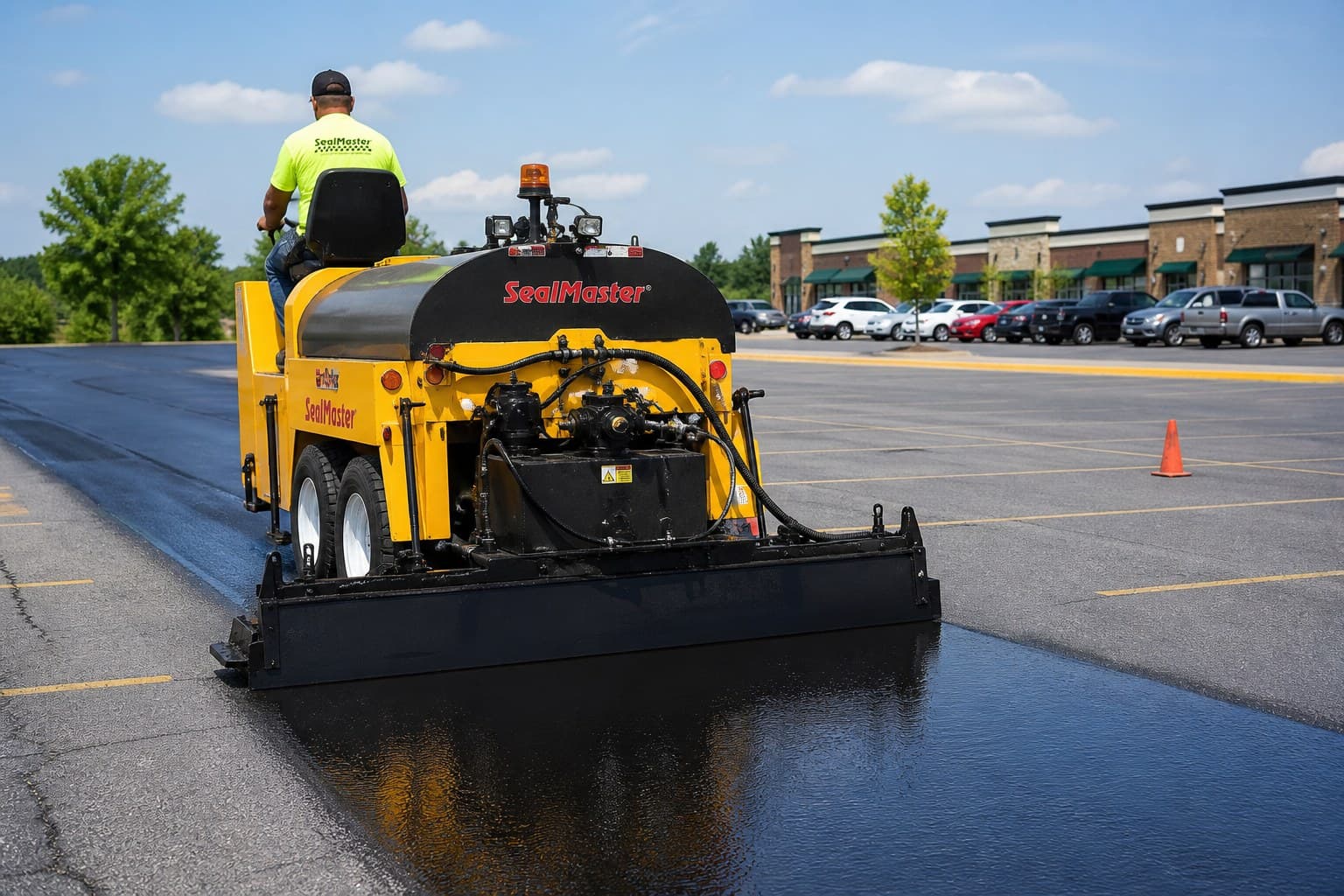 Ride-on tank spreading sealcoat on a parking lot