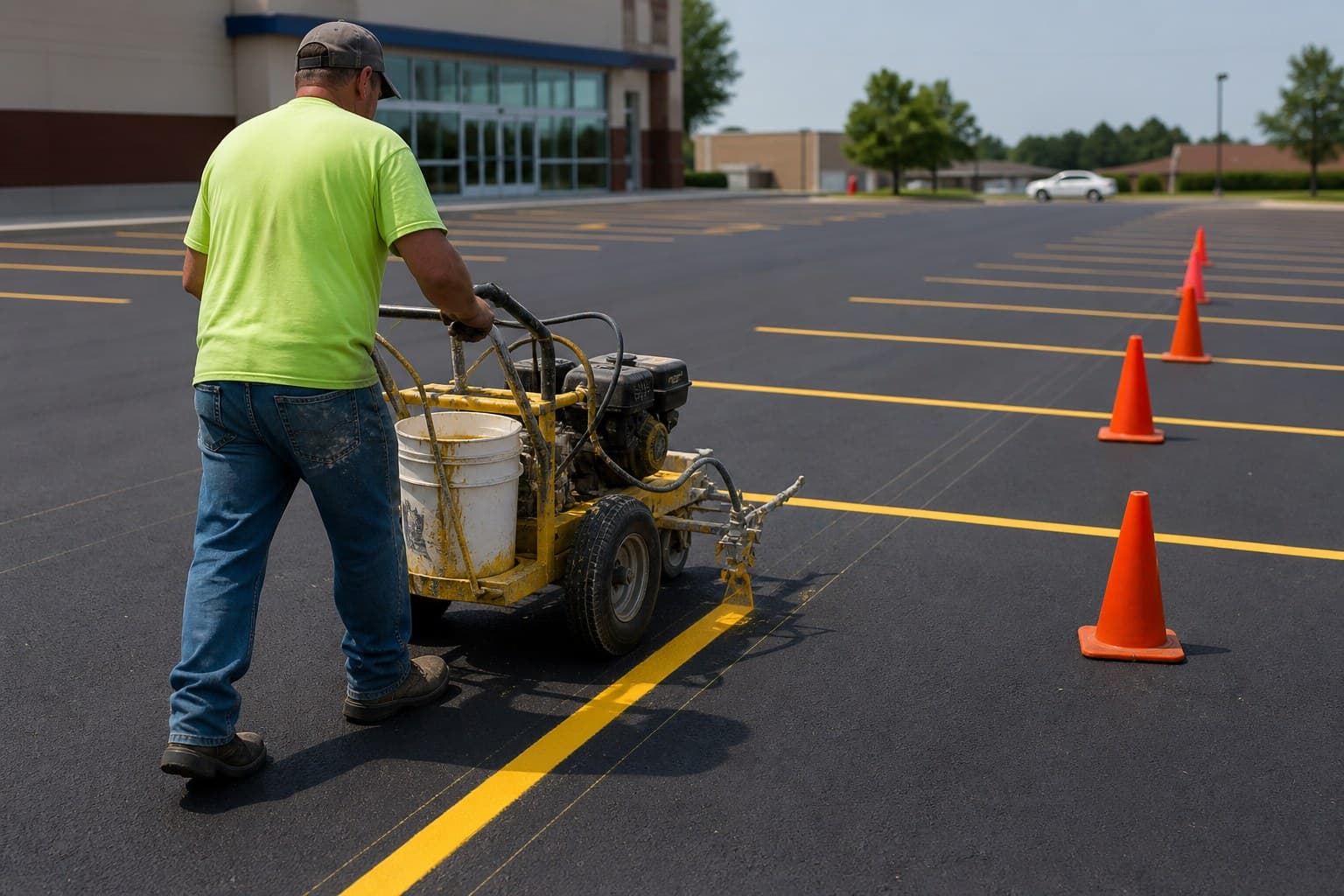 Parking-lot line striping in progress