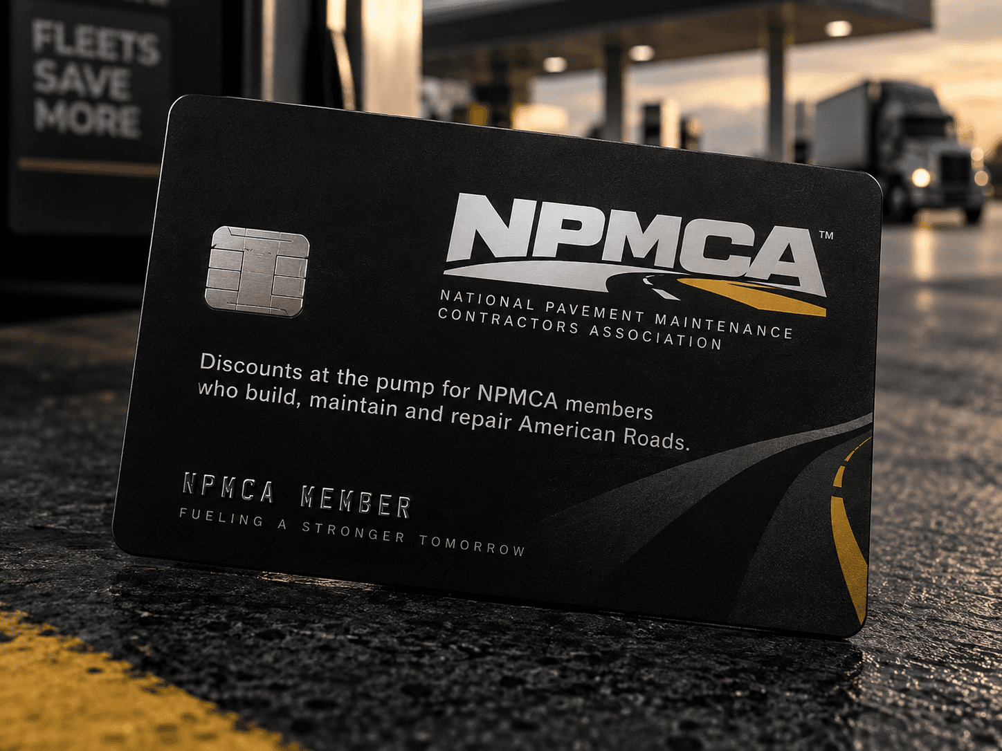 NPMCA member fuel card on wet asphalt at a gas station