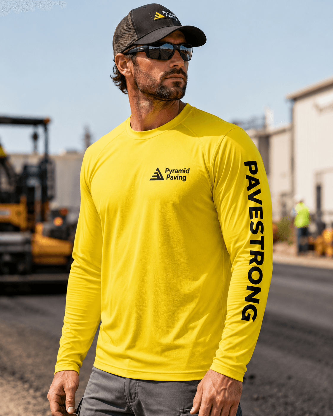 PaveStrong on a yellow crew shirt at the lot