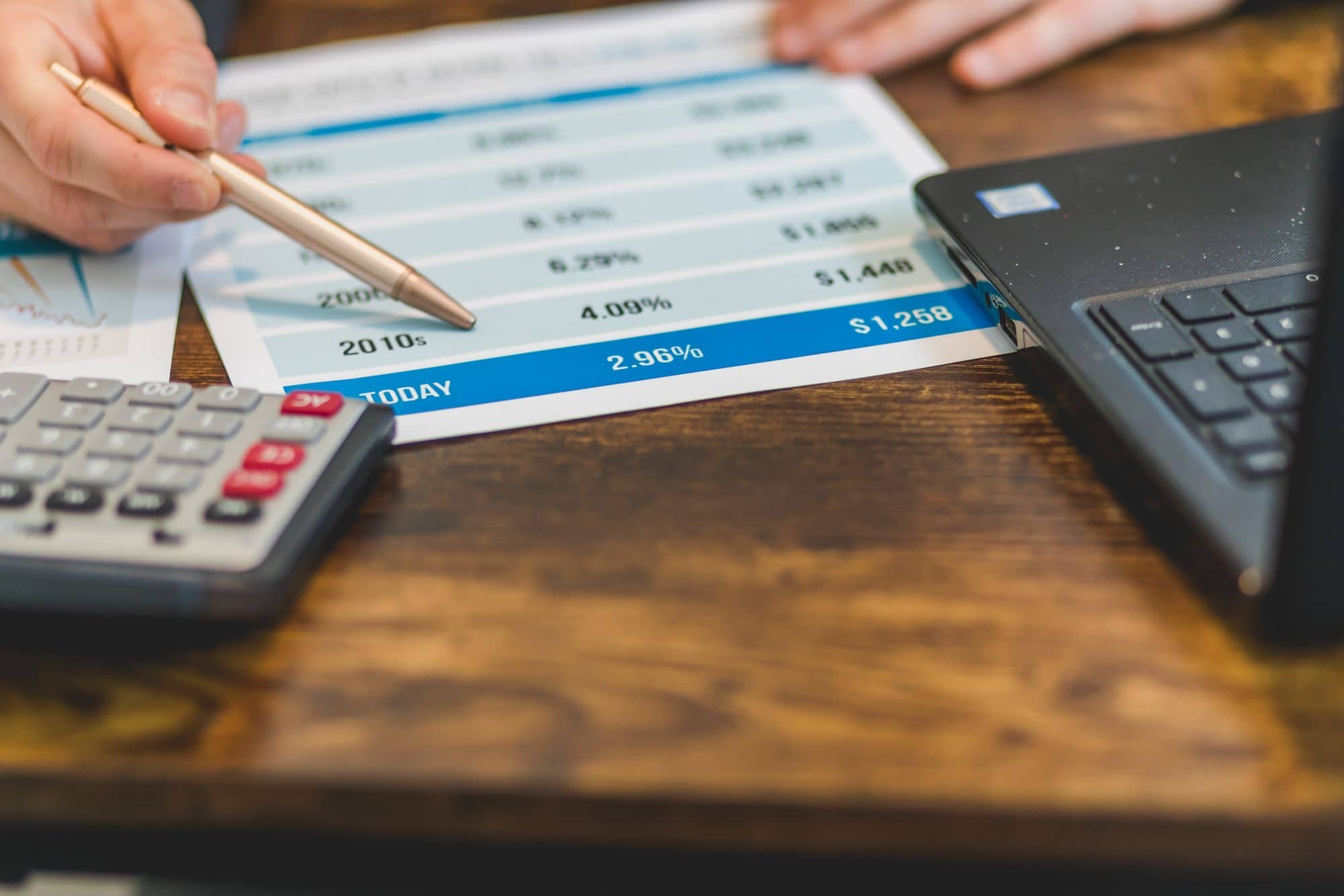 A pen points to a printed table of interest rates next to a calculator and a laptop
